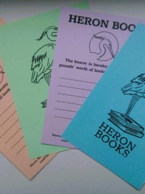 Heron Books Vouchers on coloured card